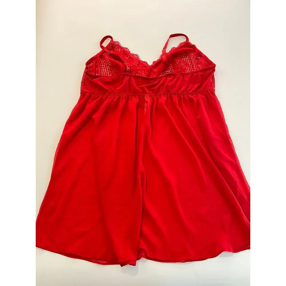 Cacique Red Lace Babydoll Chemise Lingerie Plus Size 26/28 Sheer Sleepwear